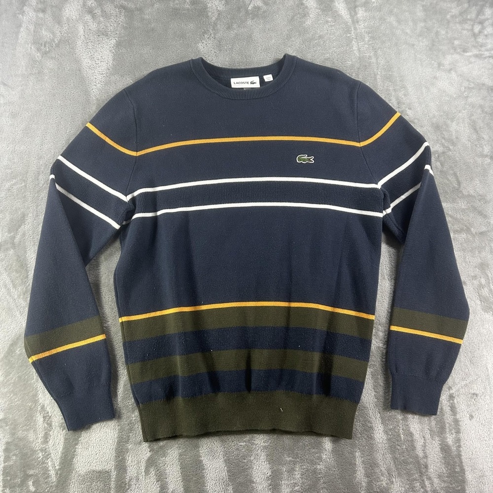Lacoste Sweater Mens Small Navy Blue Striped Knit Crew Neck Croc Logo Pullover